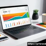 Home 20 소셜 미디어 계정 관리 및 브랜딩 효과 - A modern, professional social media marketing workspace featuring a sleek laptop displaying a vibran...