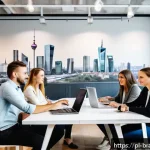Home 19 브랜드 가치 제안을 효과적으로 전달하기 - A modern Polish brand marketing team in a bright, stylish office, collaborating around a large table...