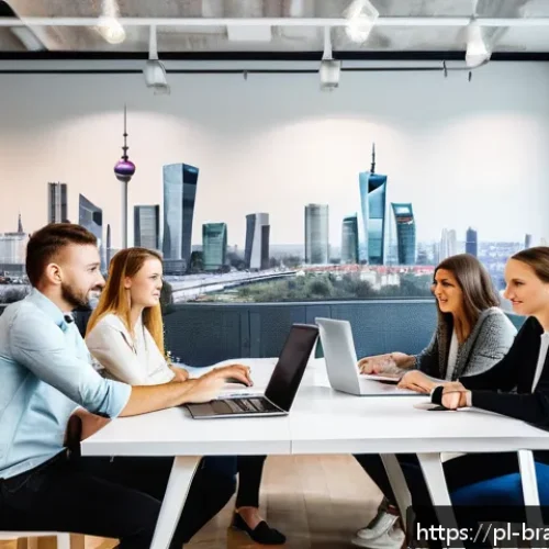Home 31 브랜드 가치 제안을 효과적으로 전달하기 - A modern Polish brand marketing team in a bright, stylish office, collaborating around a large table...