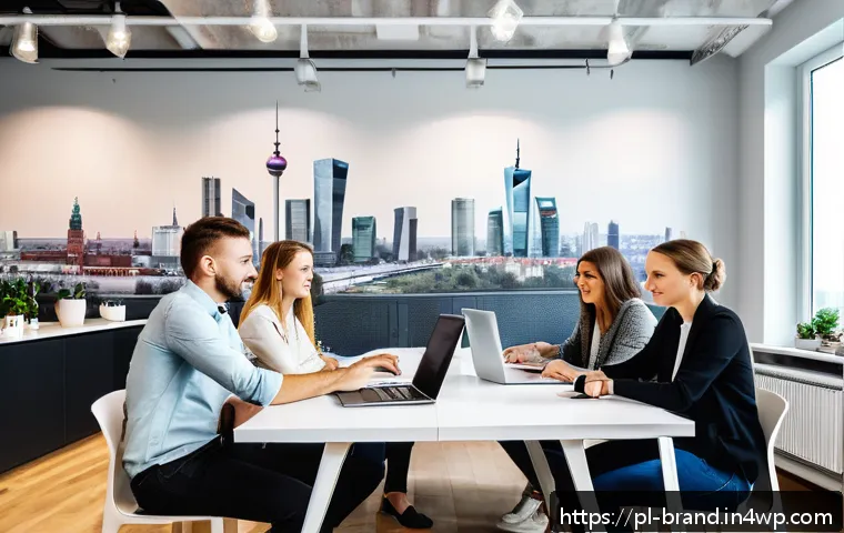 브랜드 가치 제안을 효과적으로 전달하기 - A modern Polish brand marketing team in a bright, stylish office, collaborating around a large table...