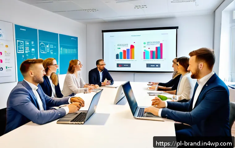 브랜드 아이덴티티 만들기 위한 필수 요소 - A modern marketing team brainstorming session in a bright, stylish office space in Warsaw, Poland, f...